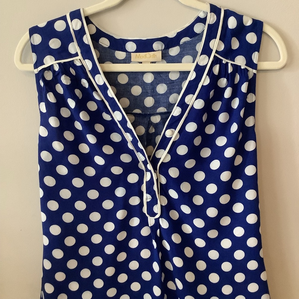 ModCloth blue & white polka dot tank, size small